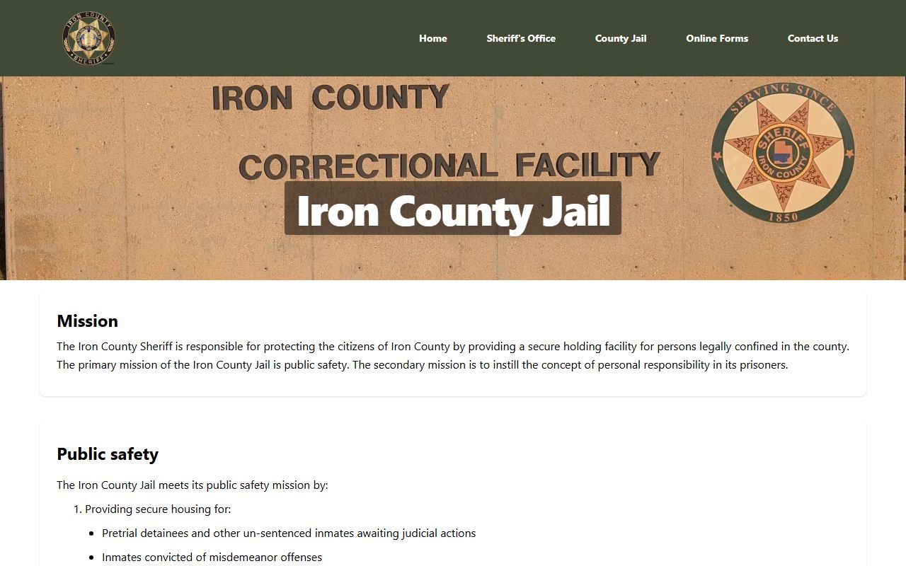 Iron County Jail overview page with jail information and exterior image