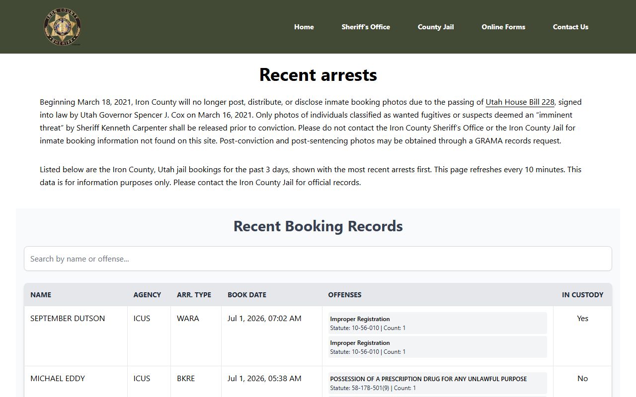 Iron County jail mugshots recent bookings HB 228 notice